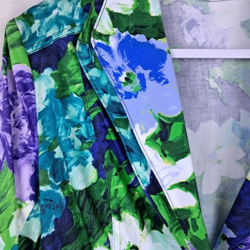 Erin London M Blue Green Floral Cropped Blazer 3/4 Sleeve Wired Collar NWT